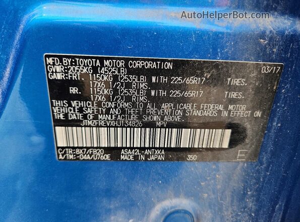 JTMZFREVXHJ134826 2017 TOYOTA RAV4 Blue Widok naklejki z numerem VIN