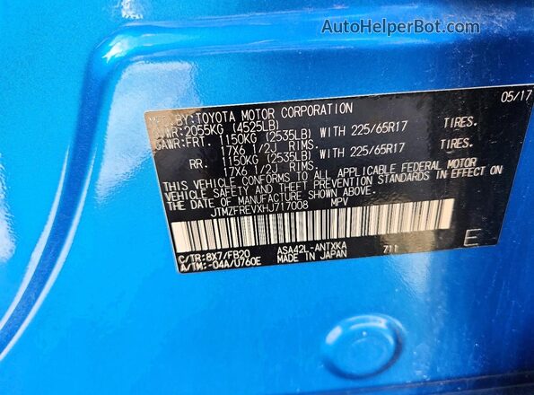 JTMZFREVXHJ717008 2017 TOYOTA RAV4 Blue Vista de la etiqueta del VIN