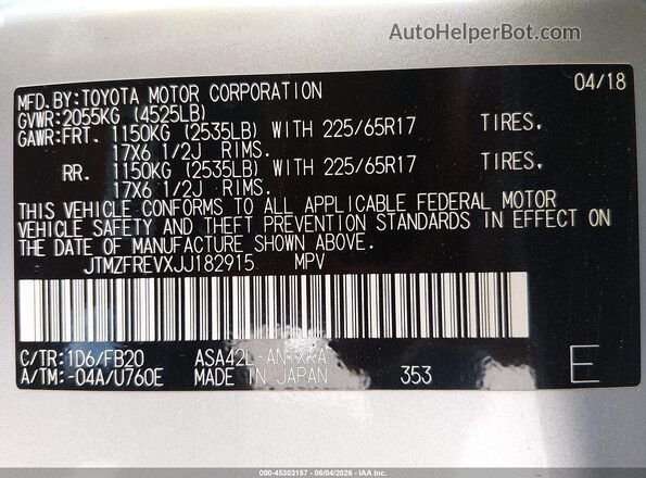 JTMZFREVXJJ182915 2018 TOYOTA RAV4 Серебряный 