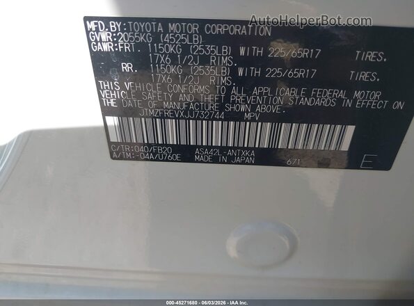 JTMZFREVXJJ732744 2018 TOYOTA RAV4 White Вид підкапотного простору