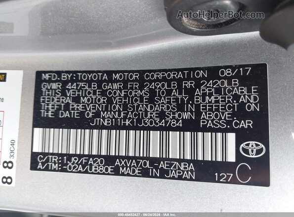JTNB11HK1J3034784 2018 TOYOTA CAMRY Silver ძრავის განყოფილების ხედი