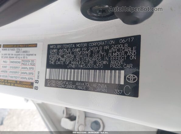 JTNB11HK5J3016370 2018 TOYOTA CAMRY White Vista del compartimento del motor