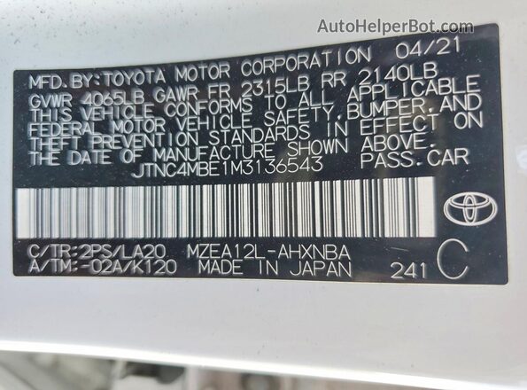 JTNC4MBE1M3136543 2021 TOYOTA COROLLA White Engine compartment view