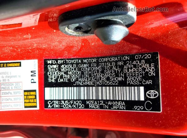 JTND4MBE1M3105622 2021 TOYOTA COROLLA Red 