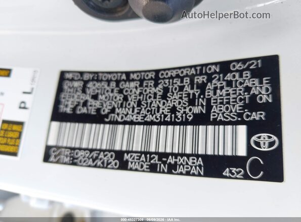 JTND4MBE4M3141319 2021 TOYOTA COROLLA White Вид підкапотного простору