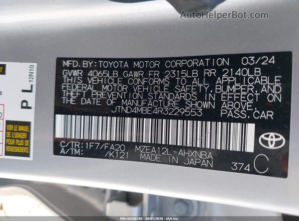 JTND4MBE4R3229553 2024 TOYOTA COROLLA Silver ძრავის განყოფილების ხედი