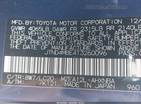 JTND4MBE4T3260096 2026 TOYOTA COROLLA Blue Widok komory silnika