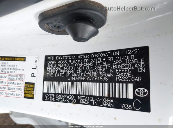 JTND4MBE5N3161838 2022 TOYOTA COROLLA White Engine compartment view