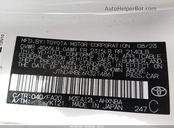 JTND4MBE6R3214861 2024 TOYOTA COROLLA White Widok komory silnika