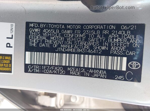 JTND4MBE8M3146412 2021 TOYOTA COROLLA Серебряный Вид подкапотного пространства
