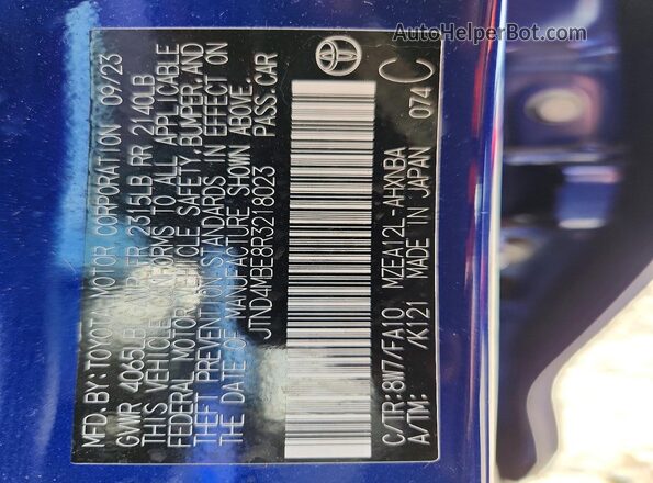 JTND4MBE8R3218023 2024 TOYOTA COROLLA Blue 
