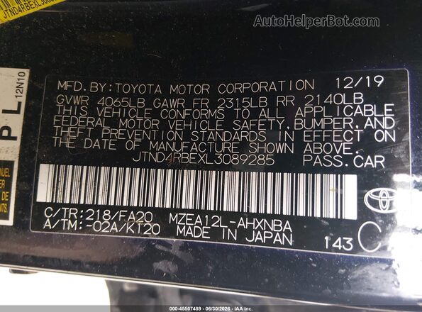 JTND4RBEXL3089285 2020 TOYOTA COROLLA Black ძრავის განყოფილების ხედი