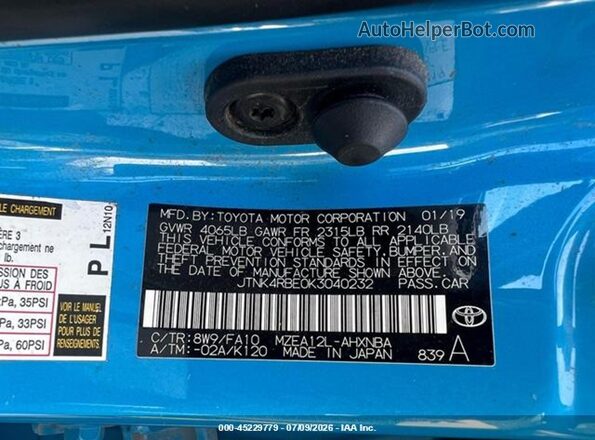 JTNK4RBE0K3040232 2019 TOYOTA COROLLA Blue Вид підкапотного простору