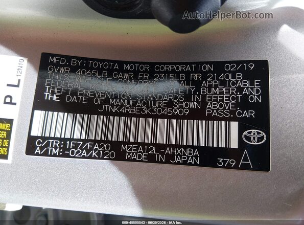 JTNK4RBE3K3045909 2019 TOYOTA COROLLA Серебряный Вид подкапотного пространства