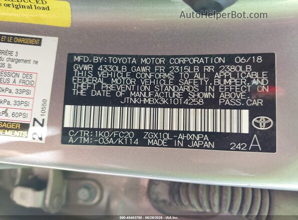 JTNKHMBX3K1014258 2019 TOYOTA C-HR Silver Widok komory silnika