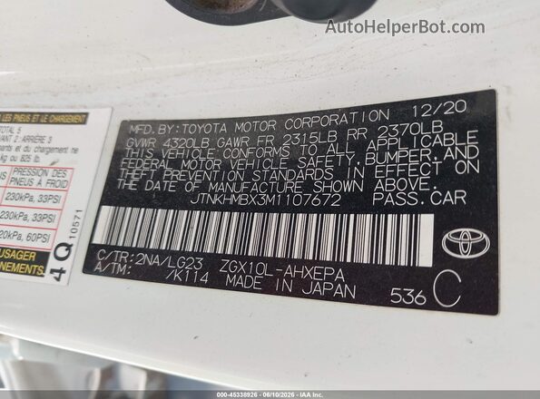 JTNKHMBX3M1107672 2021 TOYOTA C-HR White Vista del compartimento del motor