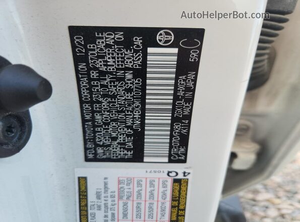 JTNKHMBX3M1107705 2021 TOYOTA C-HR White Widok naklejki z numerem VIN