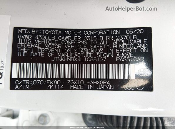 JTNKHMBX4L1088127 2020 TOYOTA C-HR White Widok komory silnika