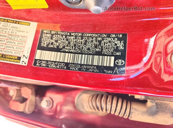 JTNKHMBX5K1023401 2019 TOYOTA C-HR Red Вид наклейки з VIN-кодом