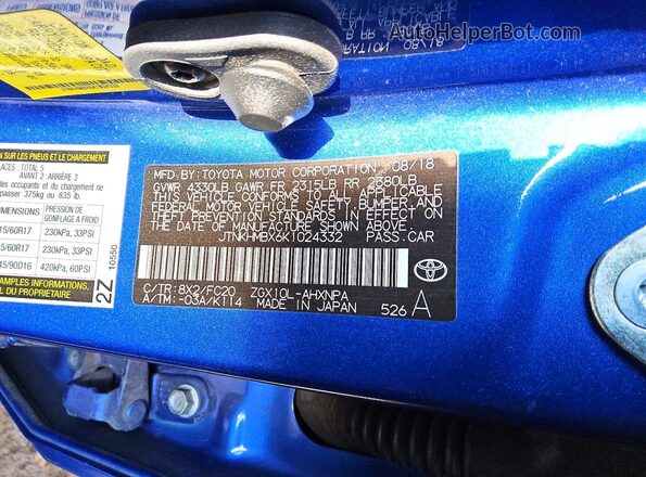 JTNKHMBX6K1024332 2019 TOYOTA C-HR Blue VIN sticker view