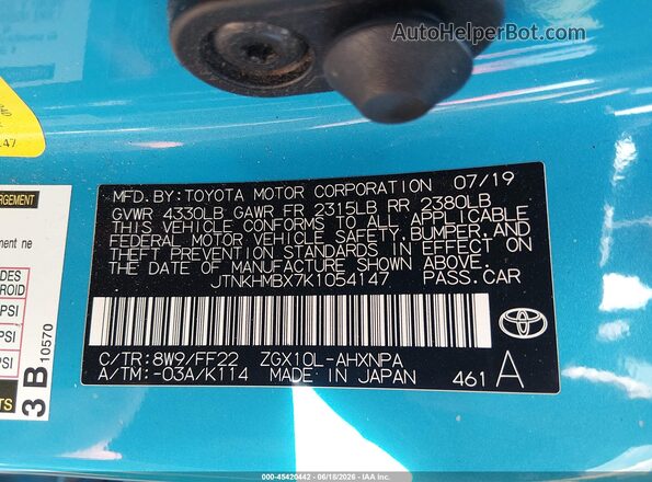 JTNKHMBX7K1054147 2019 TOYOTA C-HR Blue Vista del compartimento del motor