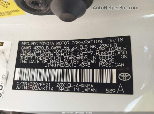 JTNKHMBX8K1014398 2019 TOYOTA C-HR White Вид підкапотного простору