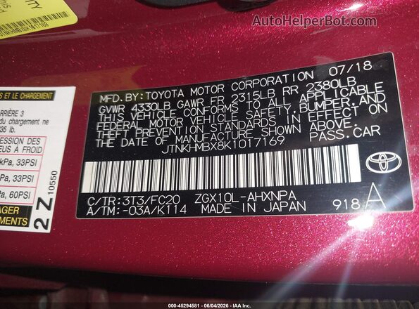 JTNKHMBX8K1017169 2019 TOYOTA C-HR Red 