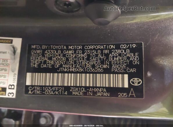 JTNKHMBX8K1036286 2019 TOYOTA C-HR Gray Vista del compartimento del motor