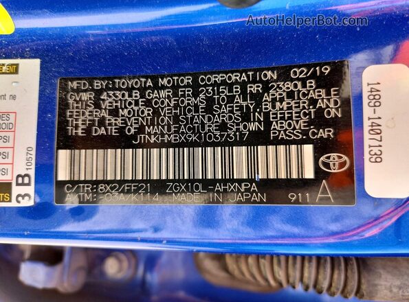 JTNKHMBX9K1037317 2019 TOYOTA C-HR Blue 