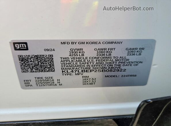 KL47LBEP2SB082922 2025 BUICK OTHER White Widok naklejki z numerem VIN