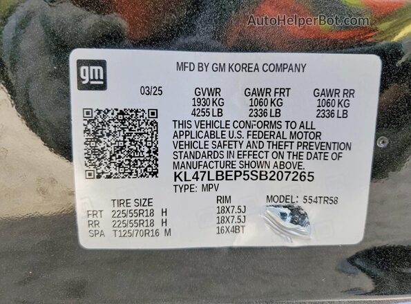 KL47LBEP5SB207265 2025 BUICK OTHER Black VIN კოდის სტიკერის ხედი
