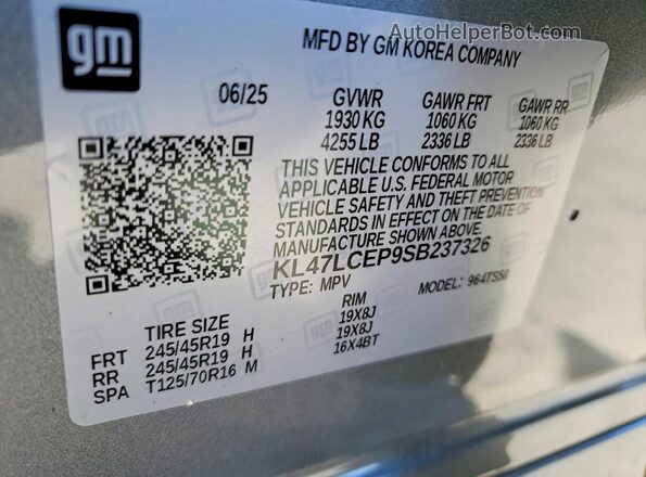 KL47LCEP9SB237326 2025 BUICK OTHER Серый Вид наклейки с VIN-кодом