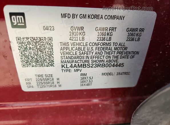 KL4AMBS23RB004445 2024 BUICK ENCORE Red VIN կոդի պիտակի տեսք