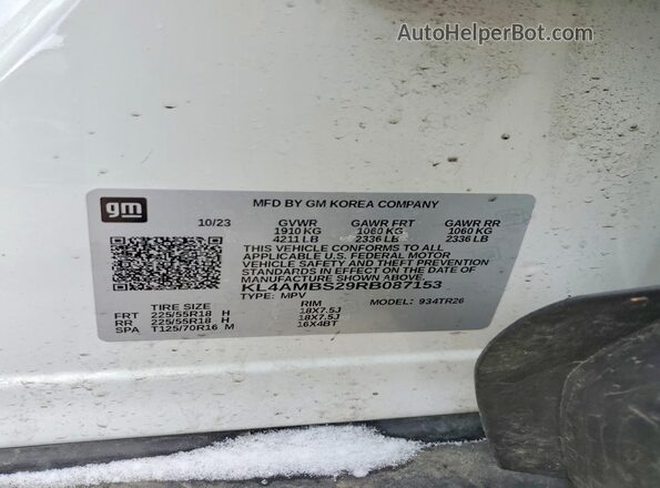 KL4AMBS29RB087153 2024 BUICK ENCORE White VIN კოდის სტიკერის ხედი