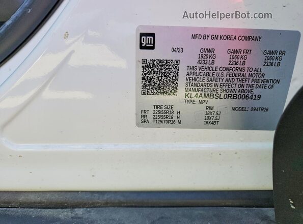 KL4AMBSL0RB006419 2024 BUICK ENCORE White VIN კოდის სტიკერის ხედი