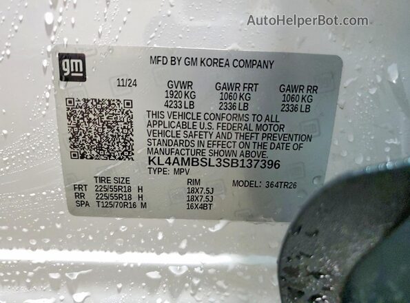 KL4AMBSL3SB137396 2025 BUICK ENCORE White VIN კოდის სტიკერის ხედი