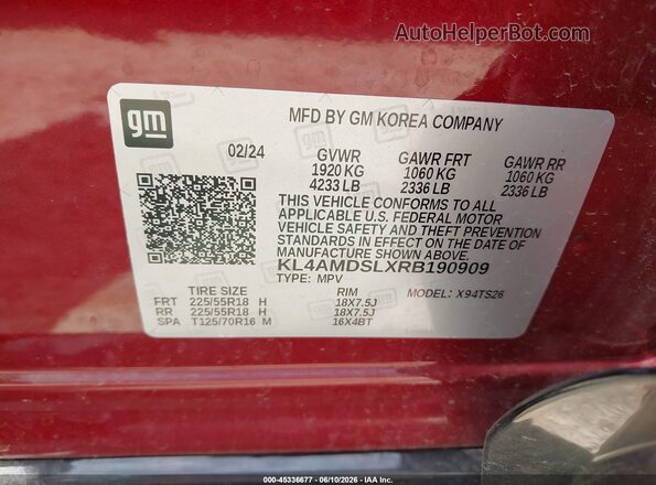 KL4AMDSLXRB190909 2024 BUICK ENCORE Red ძრავის განყოფილების ხედი