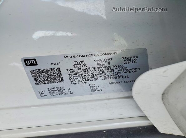 KL4AMGSL1RB153331 2024 BUICK ENCORE White VIN კოდის სტიკერის ხედი