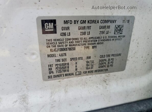 KL4CJ1SB0KB788200 2019 BUICK ENCORE White Widok naklejki z numerem VIN