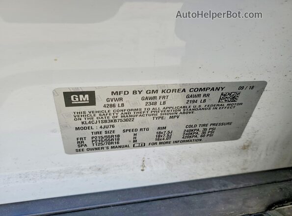 KL4CJ1SB3KB753022 2019 BUICK ENCORE White VIN კოდის სტიკერის ხედი