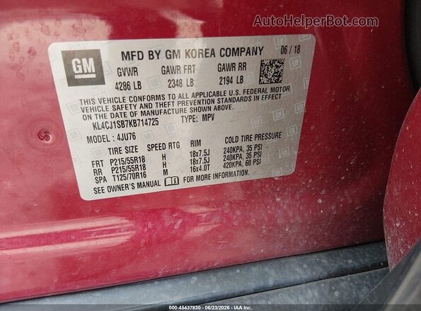 KL4CJ1SB7KB714725 2019 BUICK ENCORE Red Շարժիչի բաժամունքի տեսք