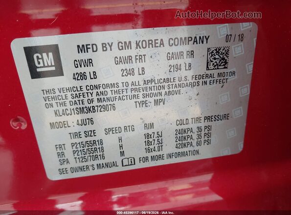 KL4CJ1SM3KB729076 2019 BUICK ENCORE Темно-бордовый Вид подкапотного пространства
