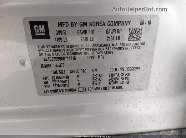 KL4CJ2SB0KB714216 2019 BUICK ENCORE Silver Vista del compartimento del motor