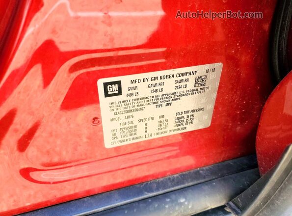 KL4CJ2SB0KB764467 2019 BUICK ENCORE Red Вид наклейки з VIN-кодом