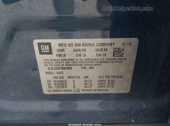 KL4CJ2SB1KB854856 2019 BUICK ENCORE Blue Vista del compartimento del motor