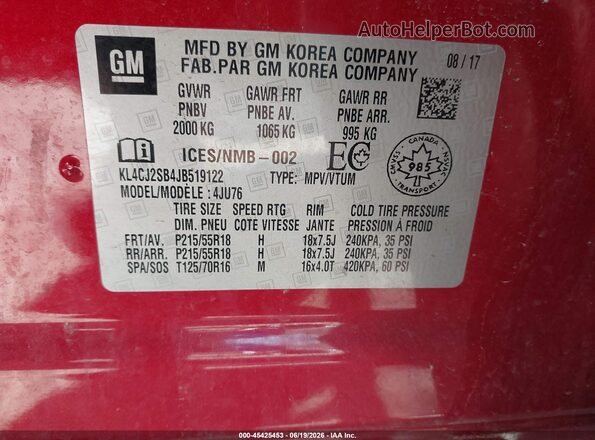 KL4CJ2SB4JB519122 2018 BUICK ENCORE Red Engine compartment view