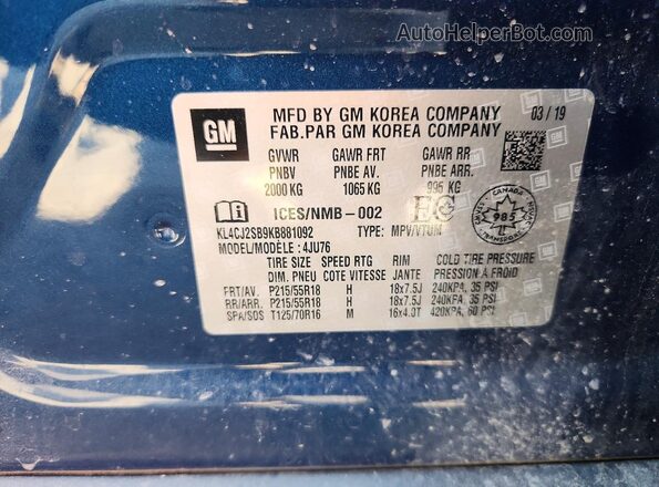 KL4CJ2SB9KB881092 2019 BUICK ENCORE Blue Շարժիչի բաժամունքի տեսք