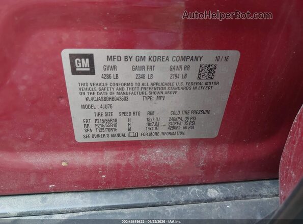 KL4CJASB0HB043603 2017 BUICK ENCORE Red Вид підкапотного простору