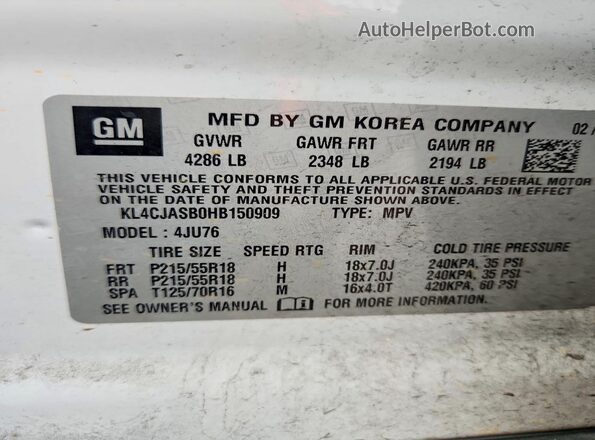 KL4CJASB0HB150909 2017 BUICK ENCORE Белый Вид наклейки с VIN-кодом