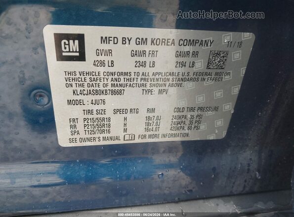 KL4CJASB0KB786687 2019 BUICK ENCORE Blue ძრავის განყოფილების ხედი